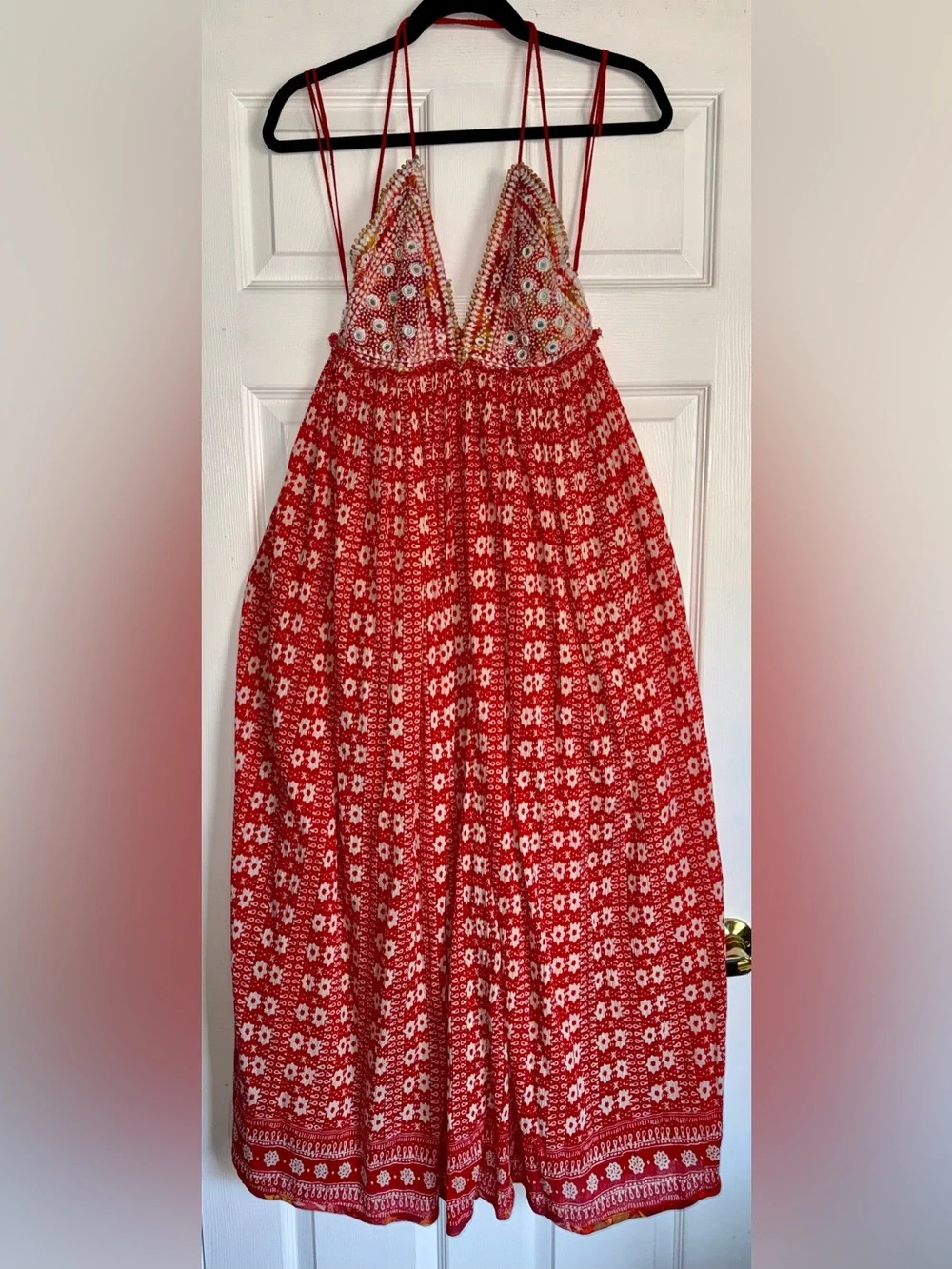 FREE PEOPLE Red White Beaded Embroidered Mirror Strappy Good Vibes Midi Maxi L